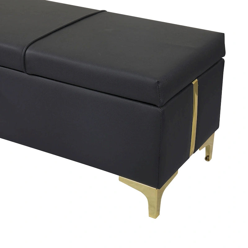 Panca pouf contenitore imbottita in similpelle con gambe in metallo, completamente assemblata ad eccezione delle gambe