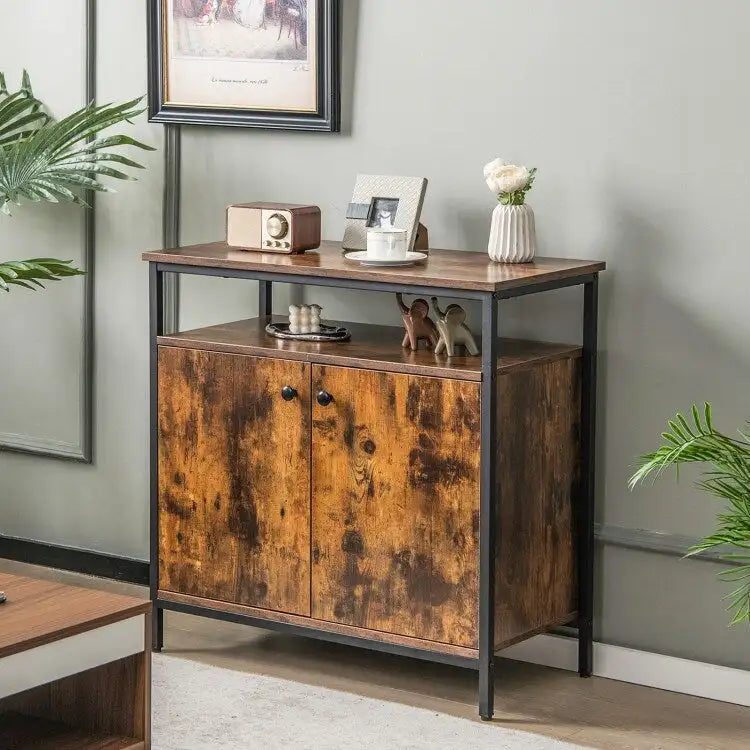Credenza a 2 ante con ripiani e fori passacavo - Marrone rustico - 80 x 40,5 x 80 (L x P x A)
