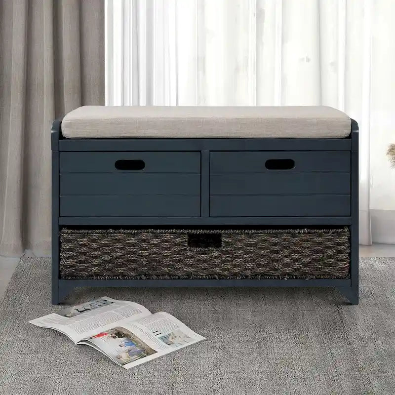 Panca in legno in stile Farmhouse moderno con 2 cassetti e un cesto portaoggetti intrecciato