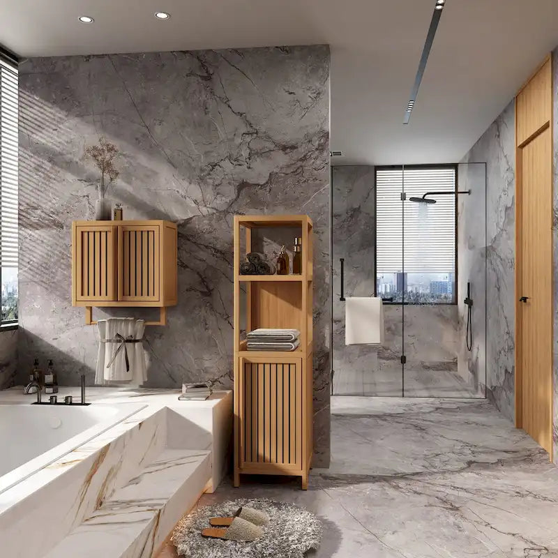 Mobiletto da bagno in bambù naturale per biancheria