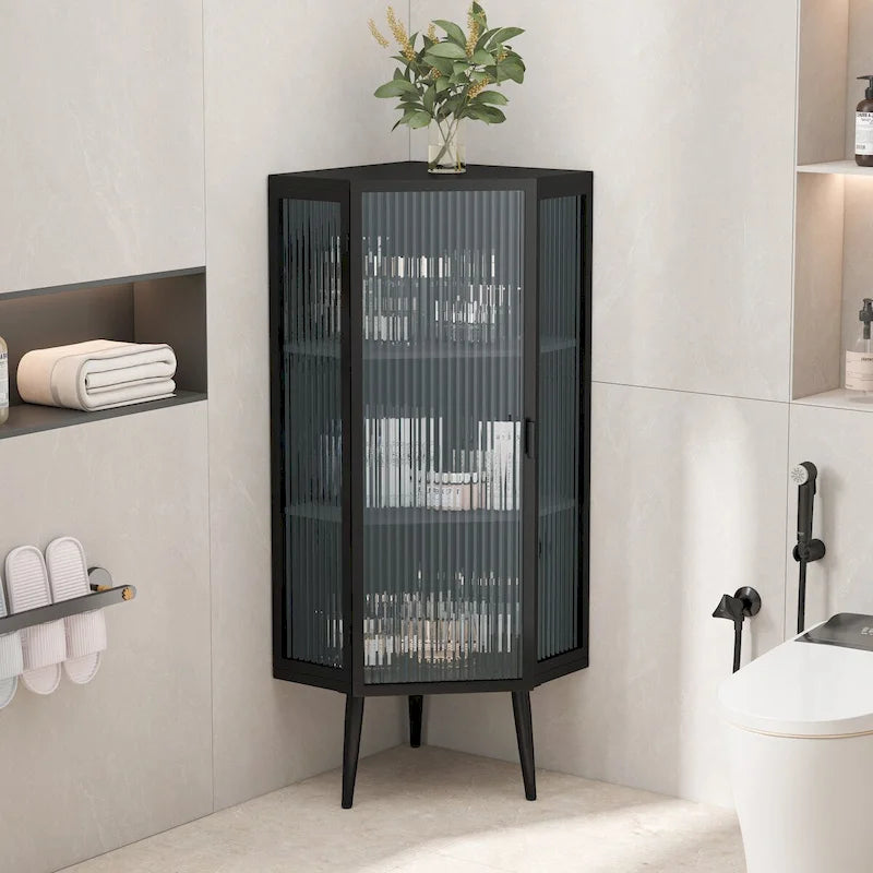 Mobile angolare da terra 22,25", a tre ripiani con ante in vetro temperato e mensole portaoggetti per bagno, soggiorno e camera da letto