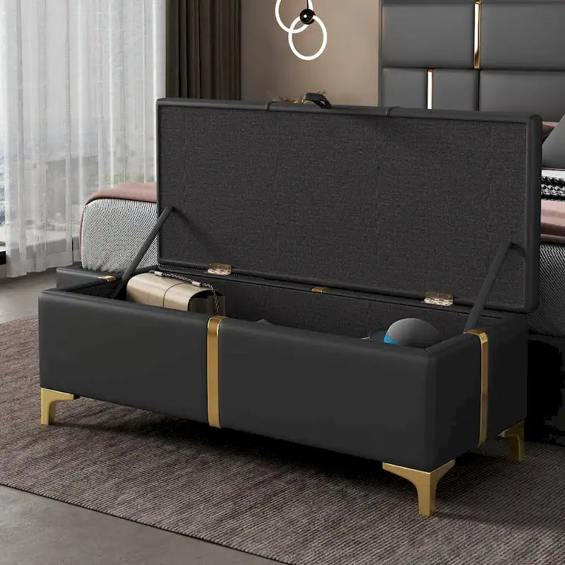 Panca pouf contenitore imbottita in similpelle con gambe in metallo, completamente assemblata ad eccezione delle gambe