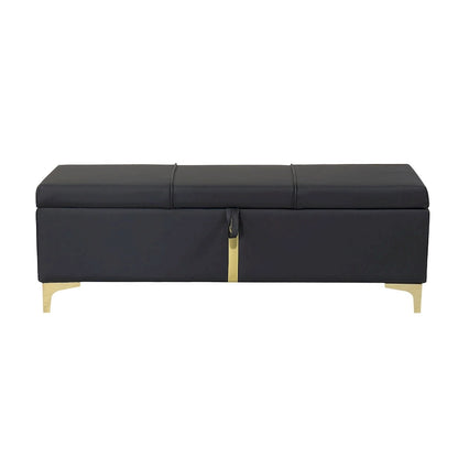 Panca pouf contenitore imbottita in similpelle con gambe in metallo, completamente assemblata ad eccezione delle gambe