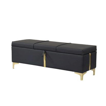Panca pouf contenitore imbottita in similpelle con gambe in metallo, completamente assemblata ad eccezione delle gambe