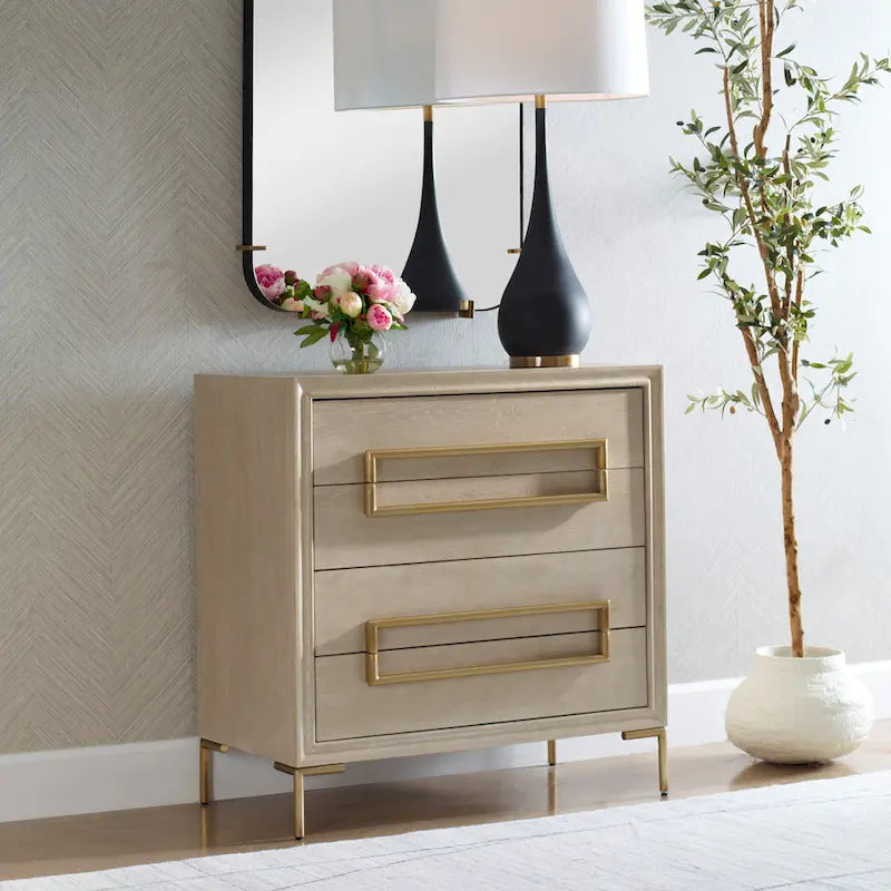 Cassettiera accentata in legno a 4 cassetti - 35 - Beige e Oro
