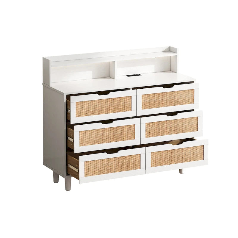 Cassettiera Accent a 6 cassetti in rattan con luci LED e presa di corrente, bianco