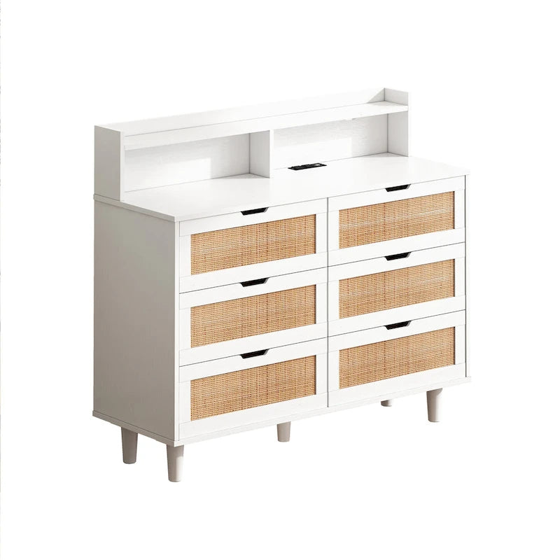 Cassettiera Accent a 6 cassetti in rattan con luci LED e presa di corrente, bianco
