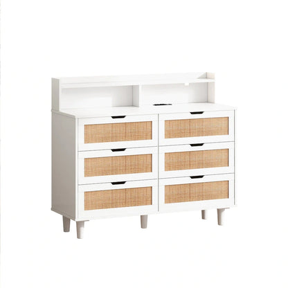 Cassettiera Accent a 6 cassetti in rattan con luci LED e presa di corrente, bianco
