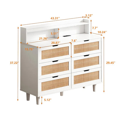 Cassettiera Accent a 6 cassetti in rattan con luci LED e presa di corrente, bianco