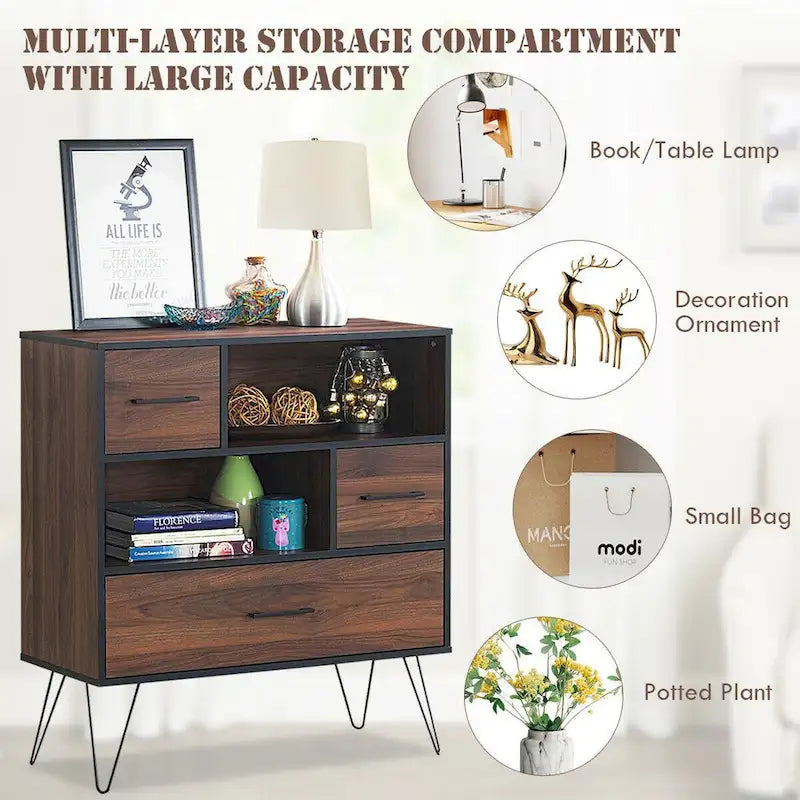 Mobile Contenitore Credenza Multiuso con Gambe in Metallo e Cassetti - 35,5 x 15,5 x 40 (L x P x A)