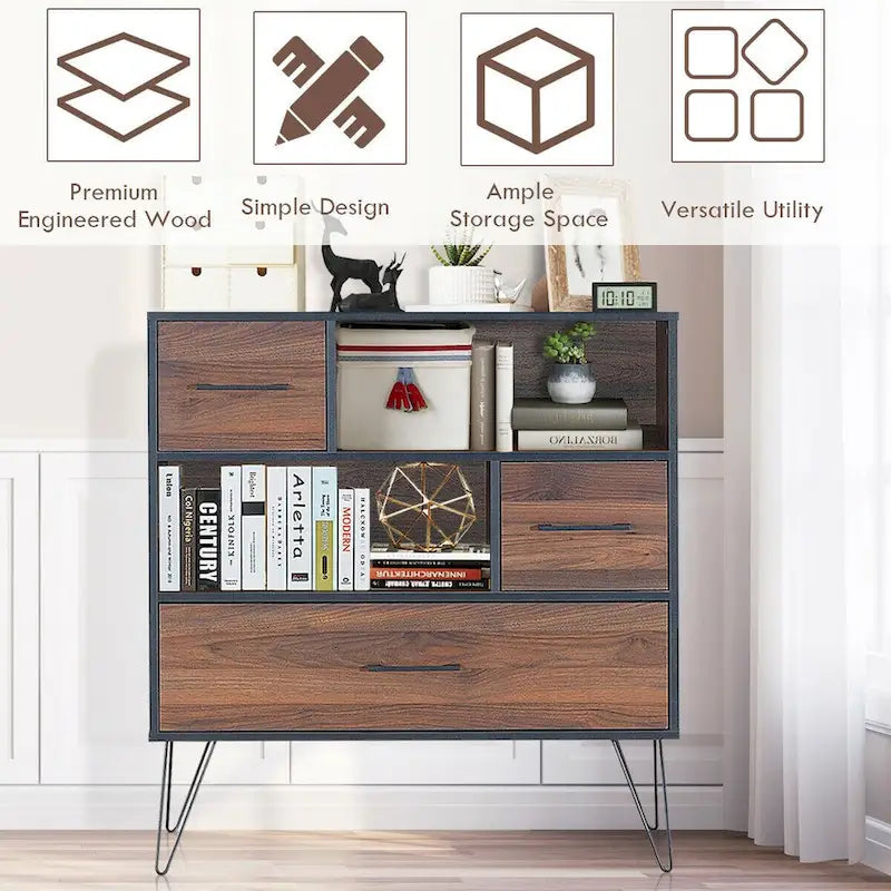 Mobile Contenitore Credenza Multiuso con Gambe in Metallo e Cassetti - 35,5 x 15,5 x 40 (L x P x A)
