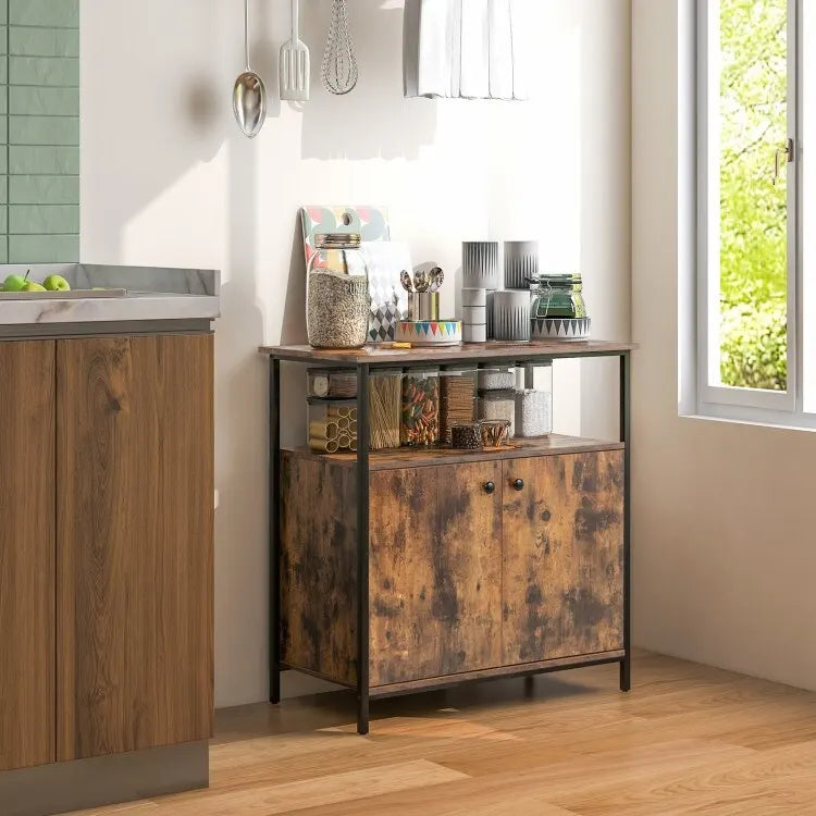 Credenza a 2 ante con ripiani e fori passacavo - Marrone rustico - 80 x 40,5 x 80 (L x P x A)