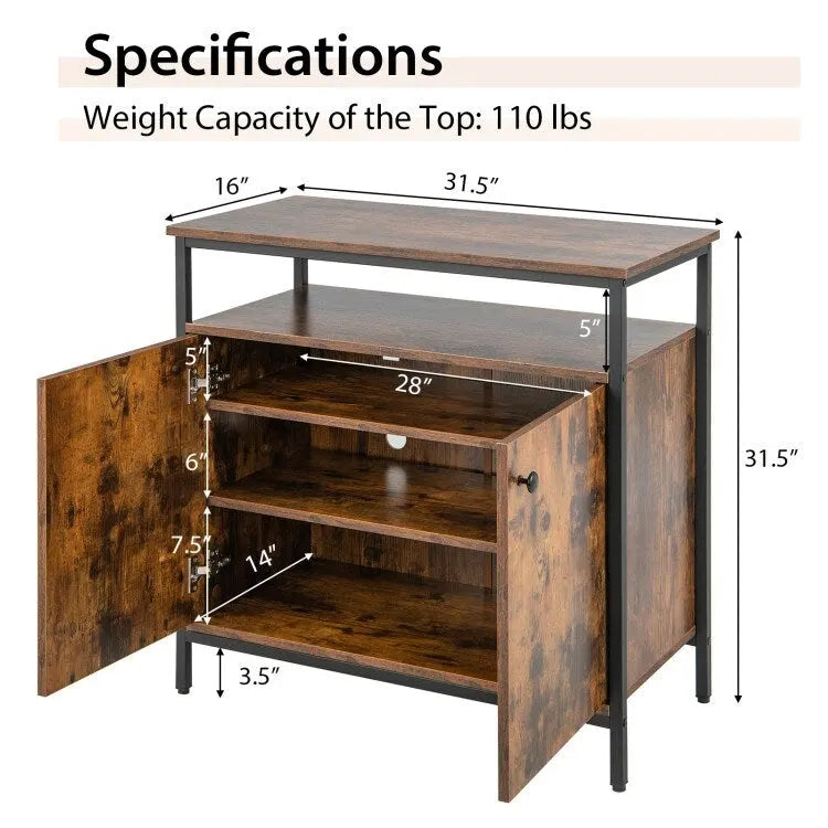 Credenza a 2 ante con ripiani e fori passacavo - Marrone rustico - 80 x 40,5 x 80 (L x P x A)