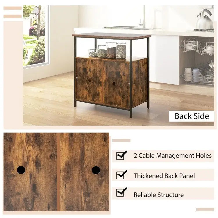 Credenza a 2 ante con ripiani e fori passacavo - Marrone rustico - 80 x 40,5 x 80 (L x P x A)