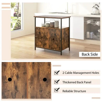 Credenza a 2 ante con ripiani e fori passacavo - Marrone rustico - 80 x 40,5 x 80 (L x P x A)