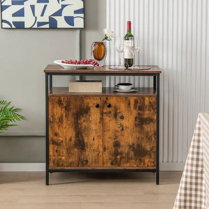 Credenza a 2 ante con ripiani e fori passacavo - Marrone rustico - 80 x 40,5 x 80 (L x P x A)