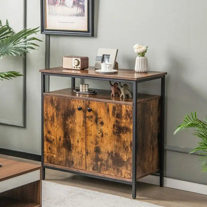 Credenza a 2 ante con ripiani e fori passacavo - Marrone rustico - 80 x 40,5 x 80 (L x P x A)