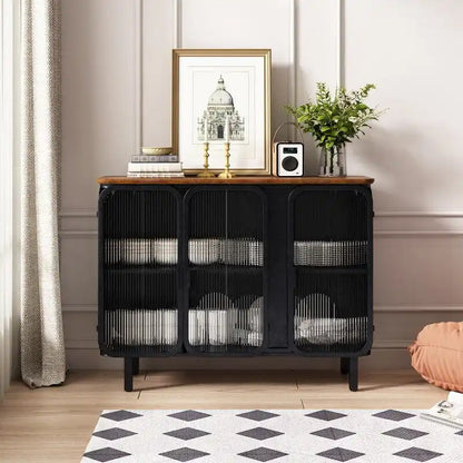 Mobile credenza vintage con anta e ripiani in vetro temperato effetto smerigliato, credenza da cucina, mobile da ingresso