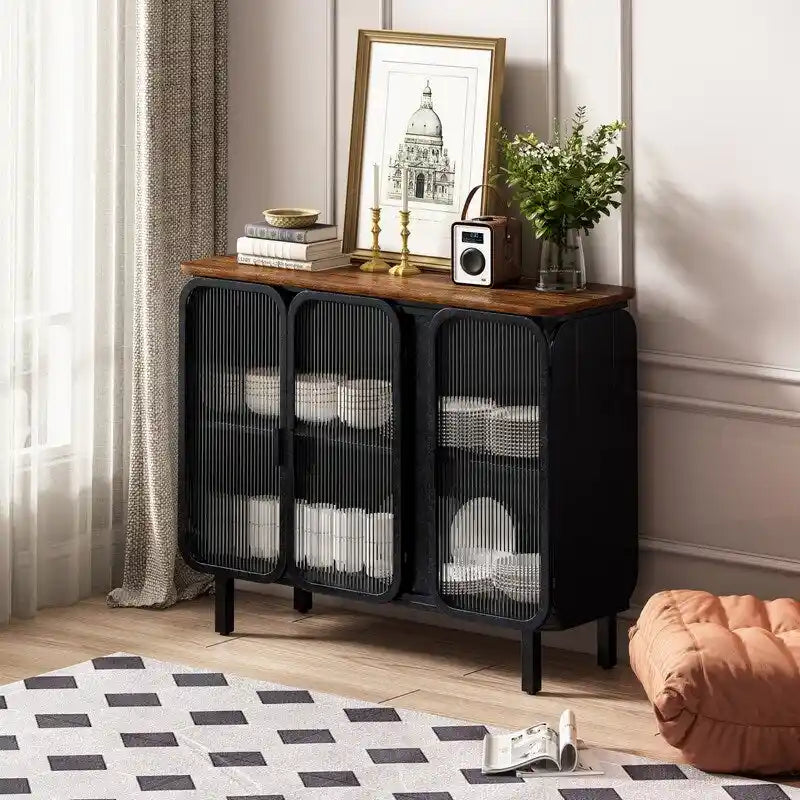 Mobile credenza vintage con anta e ripiani in vetro temperato effetto smerigliato, credenza da cucina, mobile da ingresso