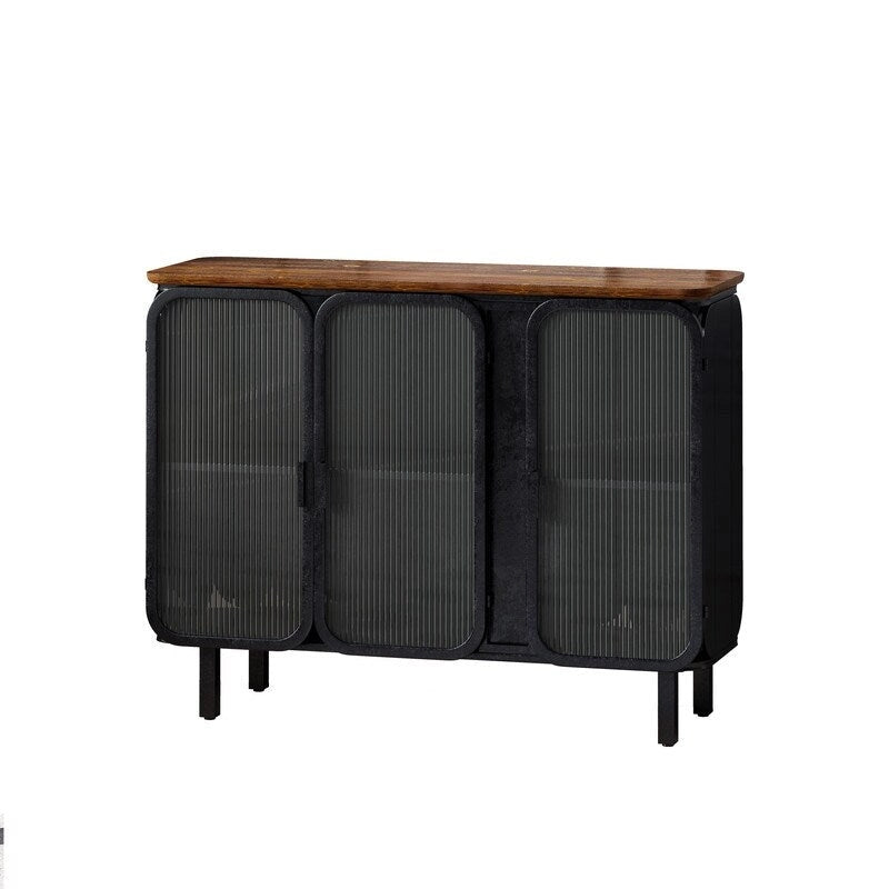 Mobile credenza vintage con anta e ripiani in vetro temperato effetto smerigliato, credenza da cucina, mobile da ingresso