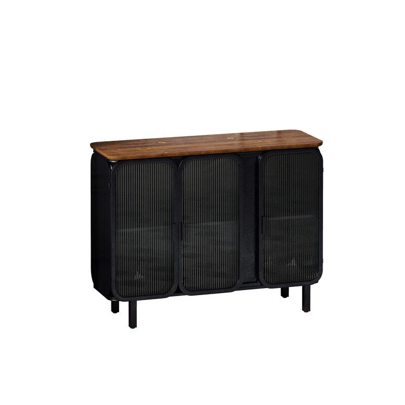 Mobile credenza vintage con anta e ripiani in vetro temperato effetto smerigliato, credenza da cucina, mobile da ingresso