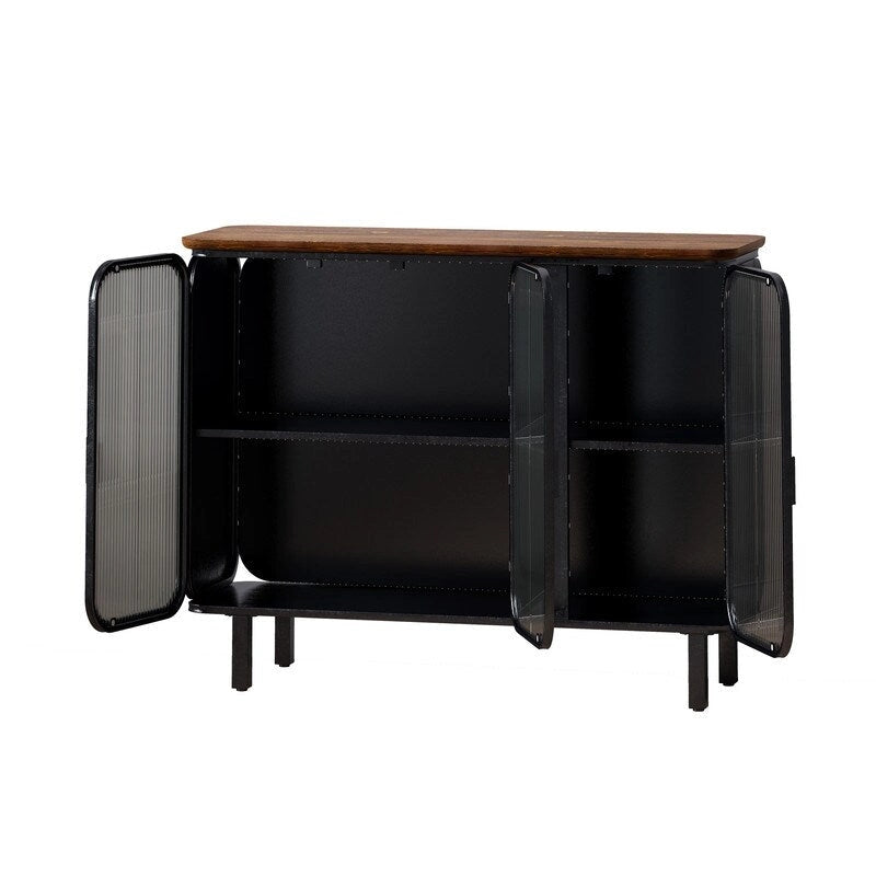 Mobile credenza vintage con anta e ripiani in vetro temperato effetto smerigliato, credenza da cucina, mobile da ingresso