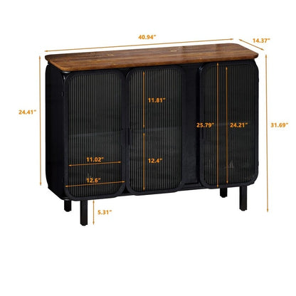 Mobile credenza vintage con anta e ripiani in vetro temperato effetto smerigliato, credenza da cucina, mobile da ingresso