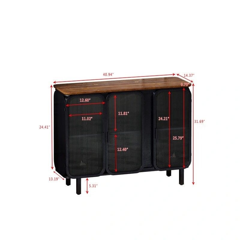 Mobile credenza vintage con anta e ripiani in vetro temperato effetto smerigliato, credenza da cucina, mobile da ingresso