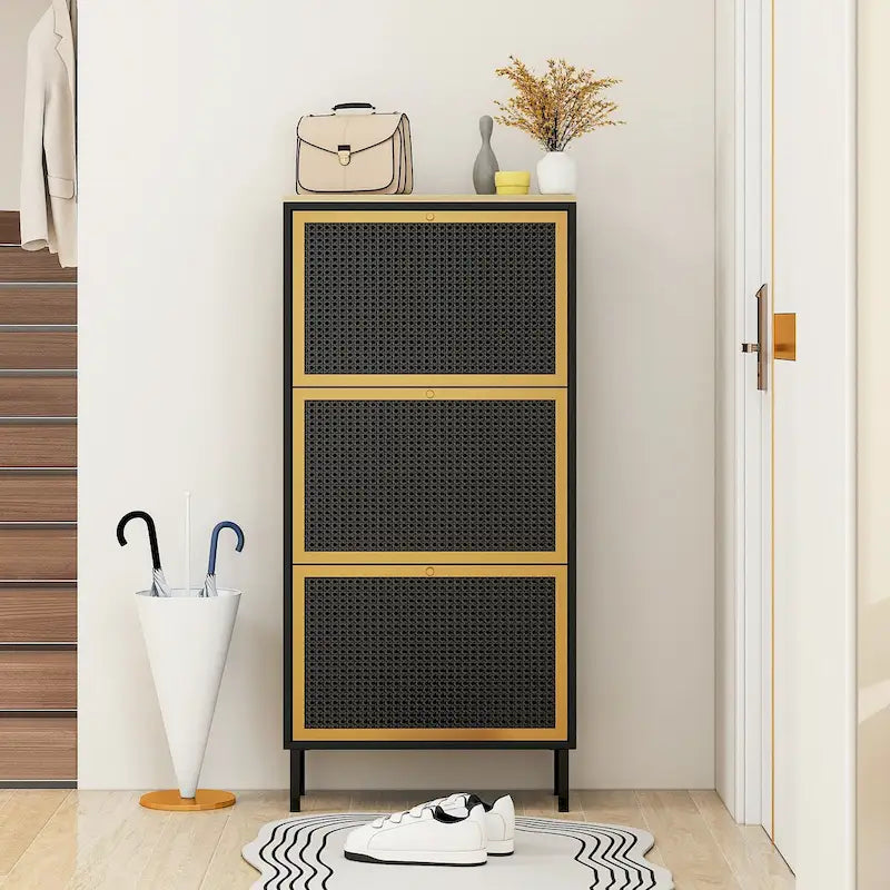 Scarpiera con 3 Ante in Metallo, Scarpiera Moderna Autoportante, Rattan Metallico, per Ingresso