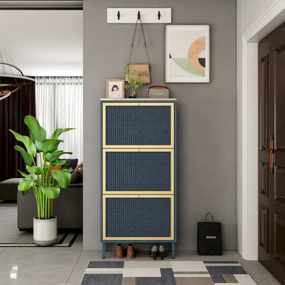 Scarpiera con 3 Ante in Metallo, Scarpiera Moderna Autoportante, Rattan Metallico, per Ingresso