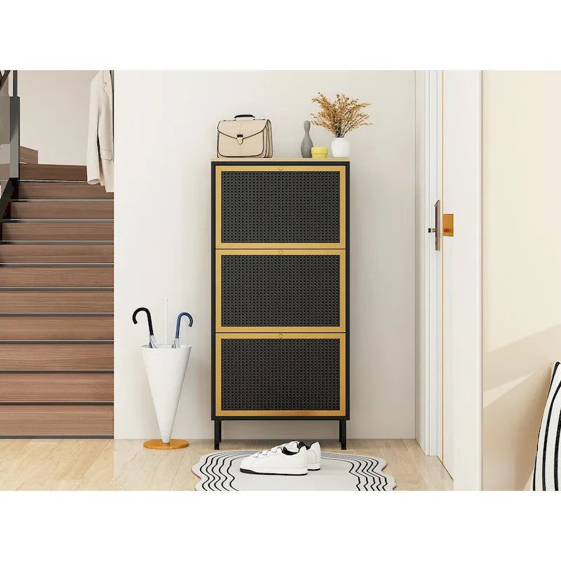 Scarpiera con 3 Ante in Metallo, Scarpiera Moderna Autoportante, Rattan Metallico, per Ingresso