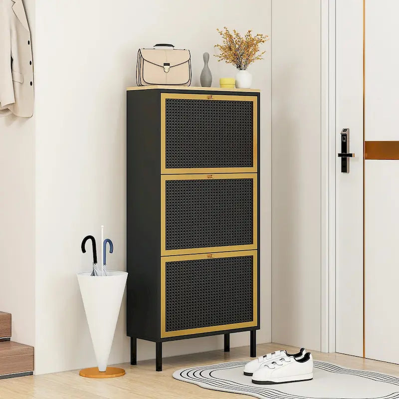 Scarpiera con 3 Ante in Metallo, Scarpiera Moderna Autoportante, Rattan Metallico, per Ingresso