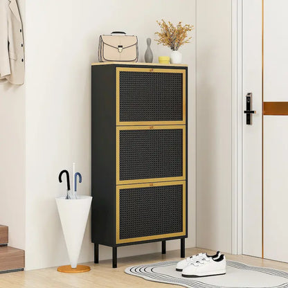 Scarpiera con 3 Ante in Metallo, Scarpiera Moderna Autoportante, Rattan Metallico, per Ingresso