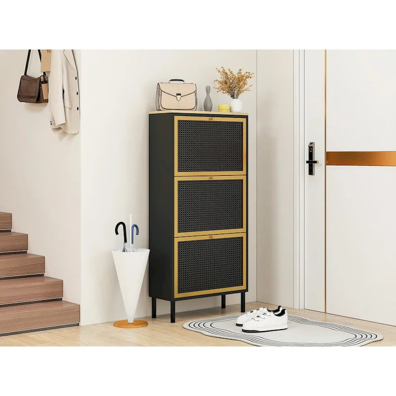 Scarpiera con 3 Ante in Metallo, Scarpiera Moderna Autoportante, Rattan Metallico, per Ingresso