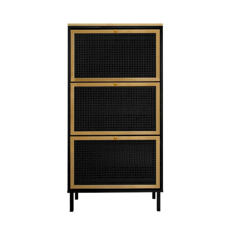 Scarpiera con 3 Ante in Metallo, Scarpiera Moderna Autoportante, Rattan Metallico, per Ingresso