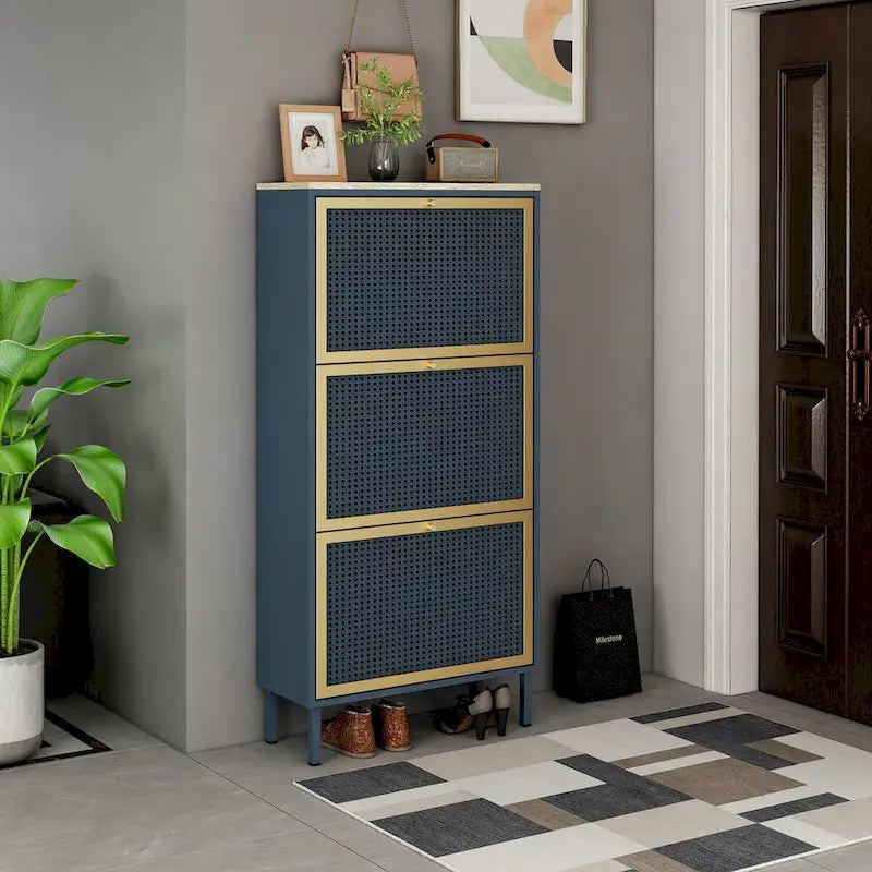 Scarpiera con 3 Ante in Metallo, Scarpiera Moderna Autoportante, Rattan Metallico, per Ingresso