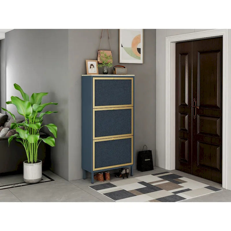 Scarpiera con 3 Ante in Metallo, Scarpiera Moderna Autoportante, Rattan Metallico, per Ingresso