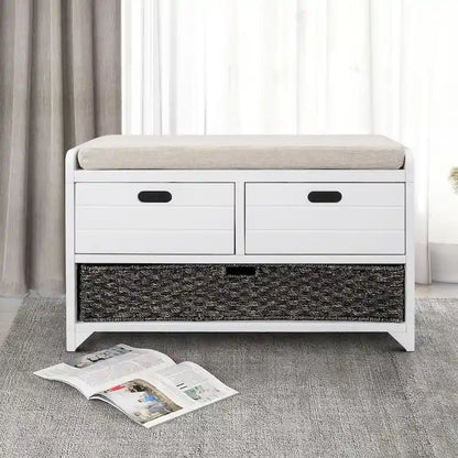 Panca in legno in stile Farmhouse moderno con 2 cassetti e un cesto portaoggetti intrecciato