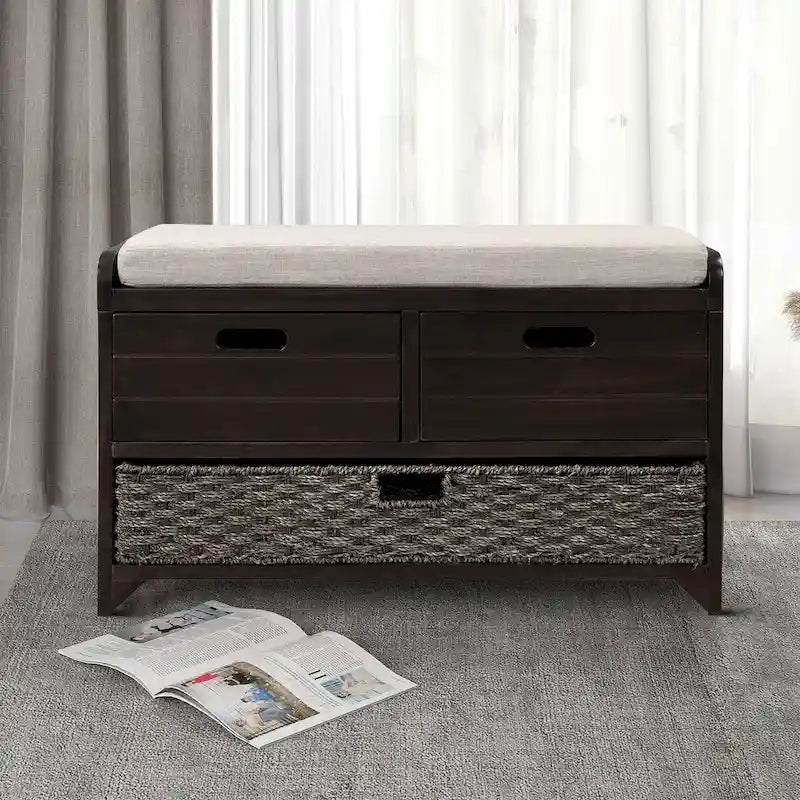 Panca in legno in stile Farmhouse moderno con 2 cassetti e un cesto portaoggetti intrecciato