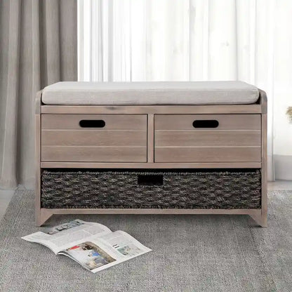 Panca in legno in stile Farmhouse moderno con 2 cassetti e un cesto portaoggetti intrecciato