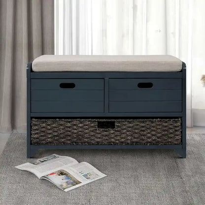 Panca in legno in stile Farmhouse moderno con 2 cassetti e un cesto portaoggetti intrecciato