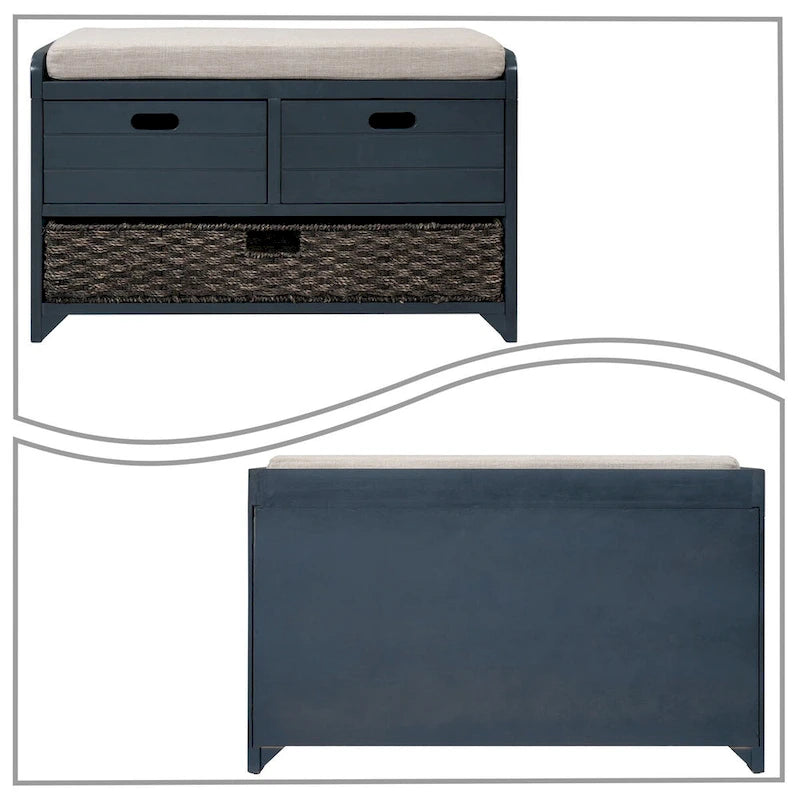 Panca in legno in stile Farmhouse moderno con 2 cassetti e un cesto portaoggetti intrecciato