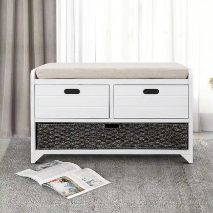 Panca in legno in stile Farmhouse moderno con 2 cassetti e un cesto portaoggetti intrecciato
