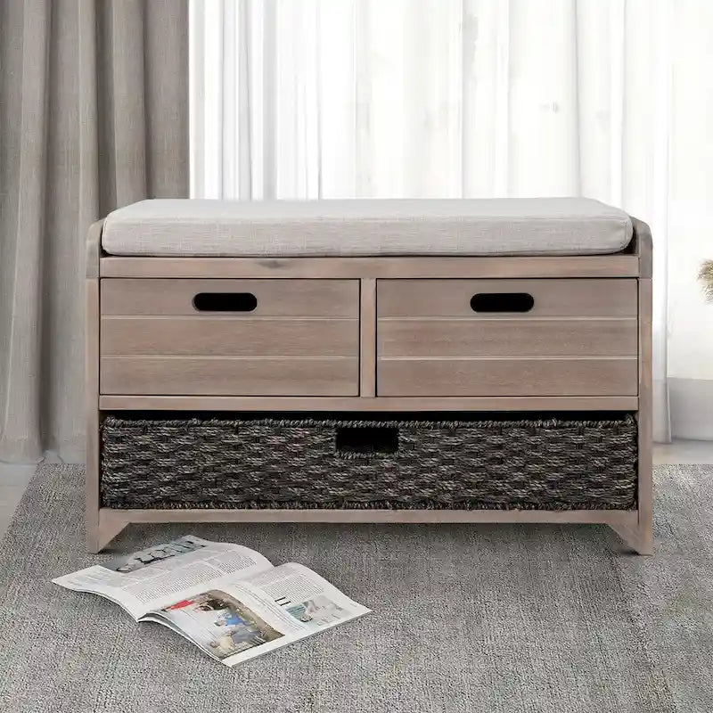 Panca in legno in stile Farmhouse moderno con 2 cassetti e un cesto portaoggetti intrecciato