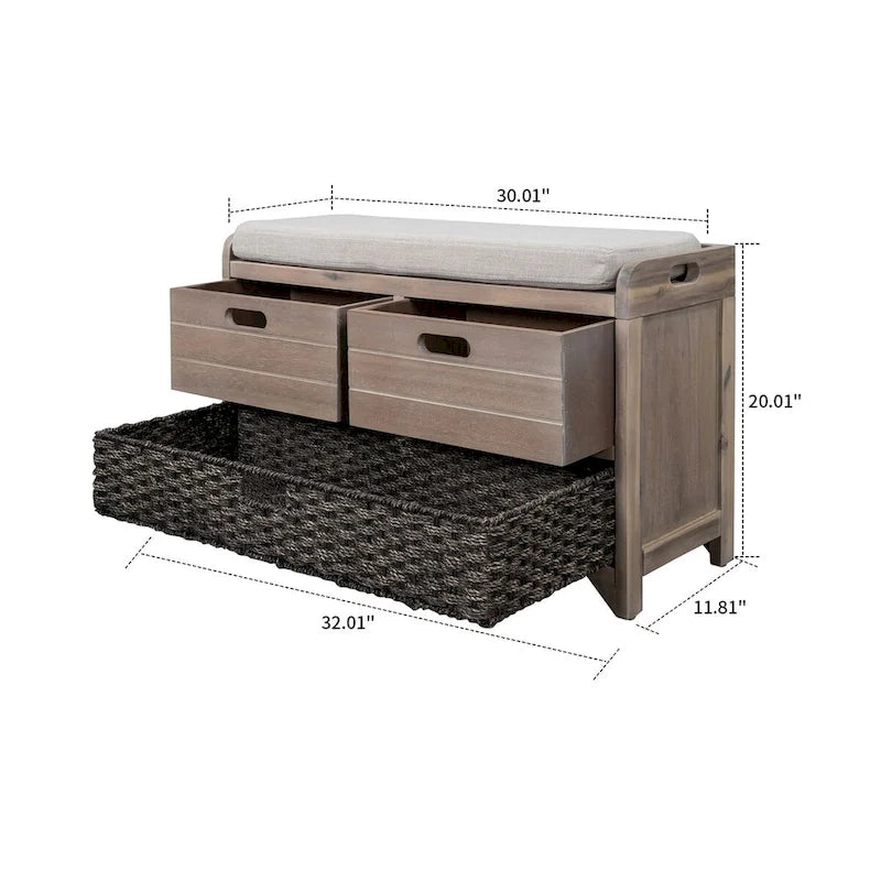 Panca in legno in stile Farmhouse moderno con 2 cassetti e un cesto portaoggetti intrecciato