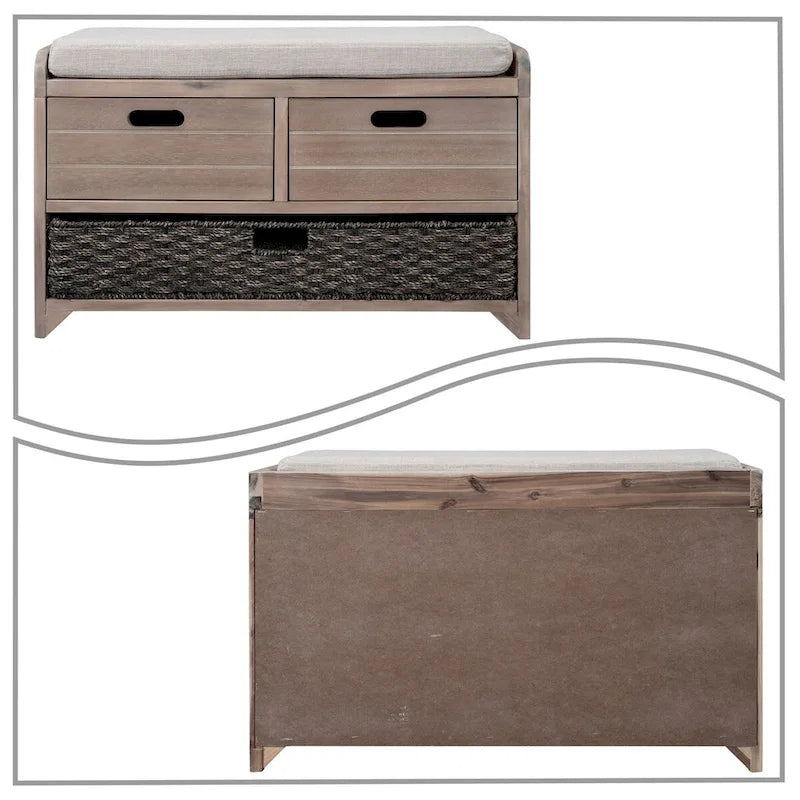 Panca in legno in stile Farmhouse moderno con 2 cassetti e un cesto portaoggetti intrecciato