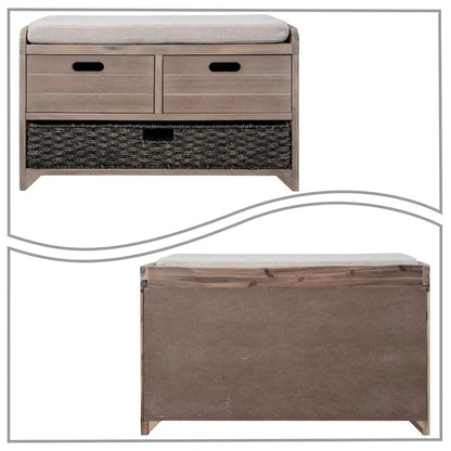Panca in legno in stile Farmhouse moderno con 2 cassetti e un cesto portaoggetti intrecciato