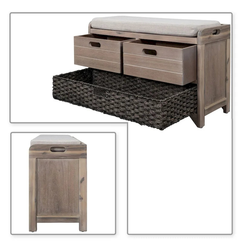 Panca in legno in stile Farmhouse moderno con 2 cassetti e un cesto portaoggetti intrecciato
