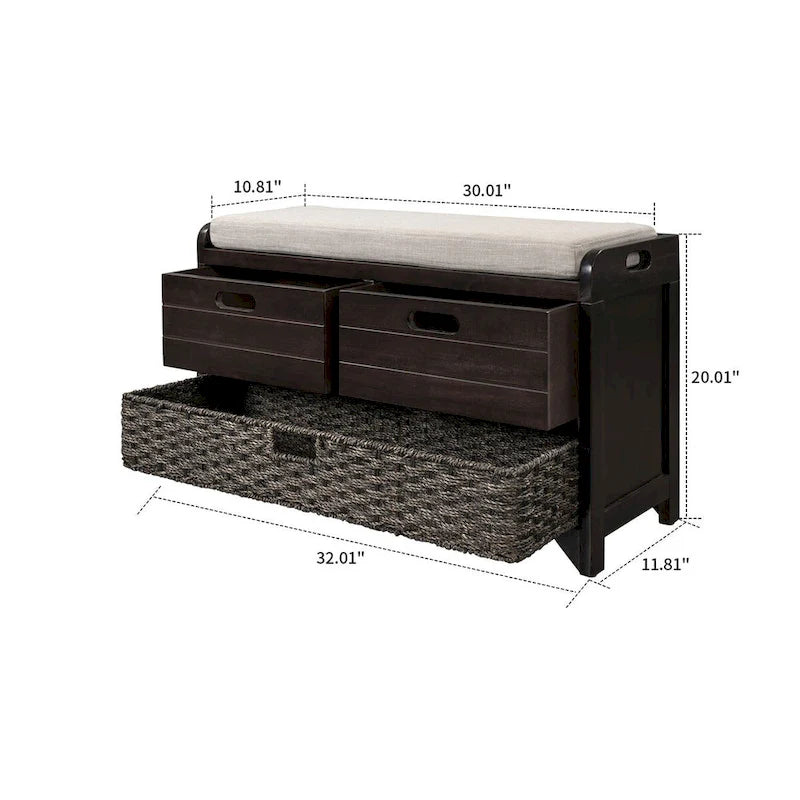 Panca in legno in stile Farmhouse moderno con 2 cassetti e un cesto portaoggetti intrecciato