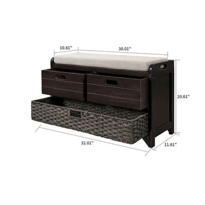 Panca in legno in stile Farmhouse moderno con 2 cassetti e un cesto portaoggetti intrecciato